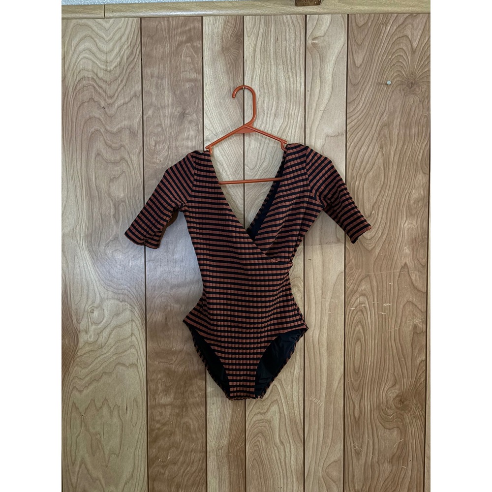 Solid & Striped Ribbed Alison Striped‎ Wrap V-Neck Elbow Sleeve S Swimsuit